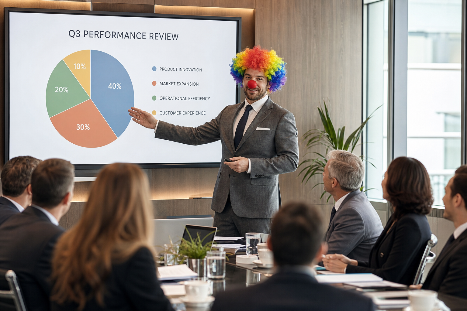 Floris the clown consultant presenting a pie chart to the board